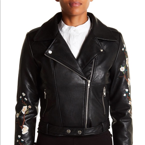 NWT Embroidered Vegan Leather Moto Biker Jacket - Picture 2 of 4